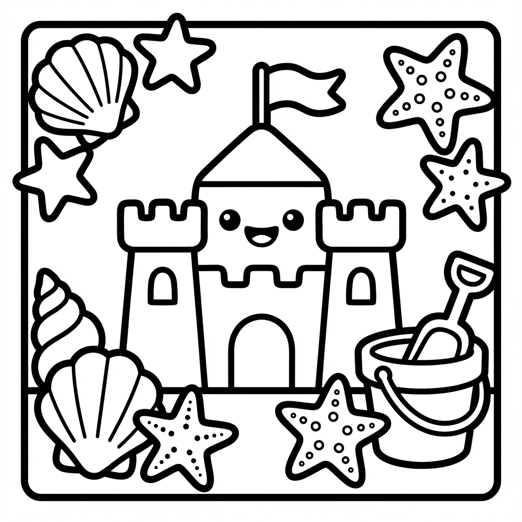 Cute sandcastle on the beach, ideal for bold line coloring pages and easy color-in pages wide lines.